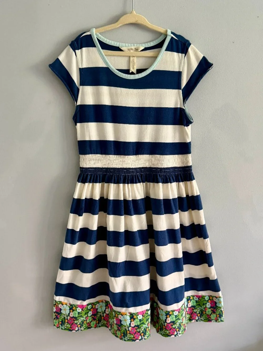 Matilda Jane Cotton Blue White Striped Floral Hem Dress Size 10